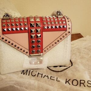 Michael Kors Red and Pink Crossbody Bag with Studded Design